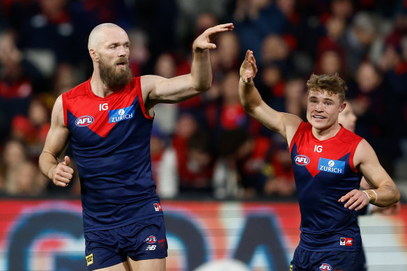 Melbourne’s Max Gawn (left) and Kade Chandler enjoy the moment. 