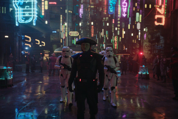 Fifth Brother (Sung Kang), one of the Inquisitors, hunts for Obi-Wan on the set of Blade Runner ... er, the planet of Daiyu. 