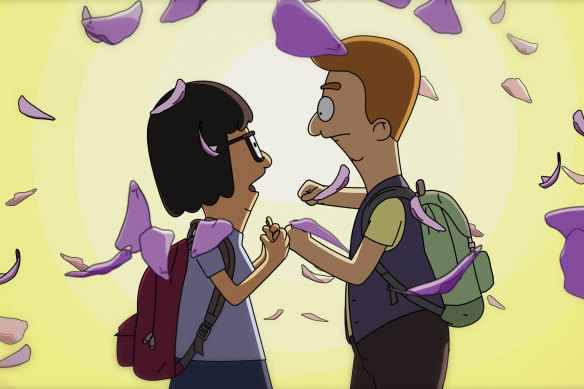 Tina Belcher (Dan Mintz) has a crush on Jimmy Pesto Jr. (H. Jon Benjamin) in The Bob’s Burgers Movie.