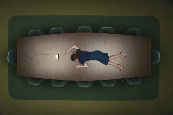 Helly R (Britt Lower) wakes up, bewildered, on a conference room table in the first episode.