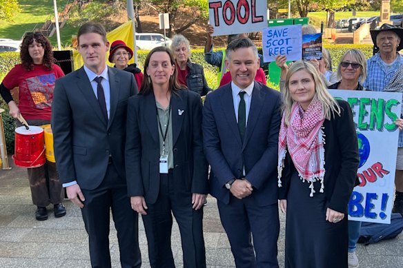 Greens MPs Tim Clifford, Jess Beckerling and Sophie McNeill with Greens leader Brad Pettit (second from left) on their first day in the new parliament.