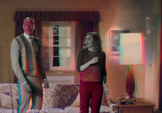 Paul Bettany as Vision and Elizabeth Olsen as Wanda Maximoff in WandaVision. 