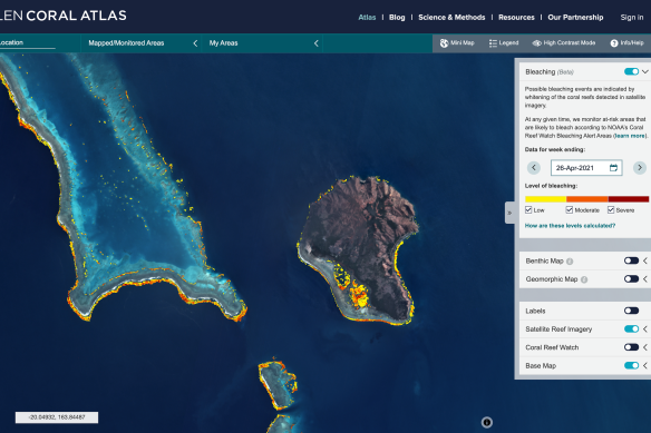 The Allen Coral Atlas Monitoring System image of coral around New Caledonia in April.