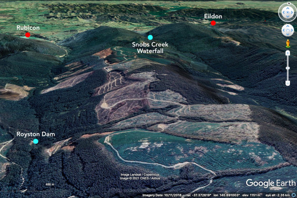 A Google image of the Snobs Creek and Rubicon valleys show the extent of logging coupes. 