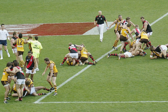 The infamous all-in melee involving Essendon and Hawthorn players at the MCG in 2004.