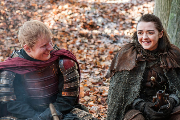 Ed Sheeran (with Maisie Williams) was one of several high-profile figures who unexpectedly turned up in a small role in Games of Thrones.