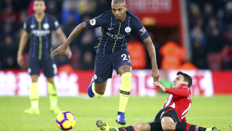 Fernandinho on the attack for Manchester City against Southampton.