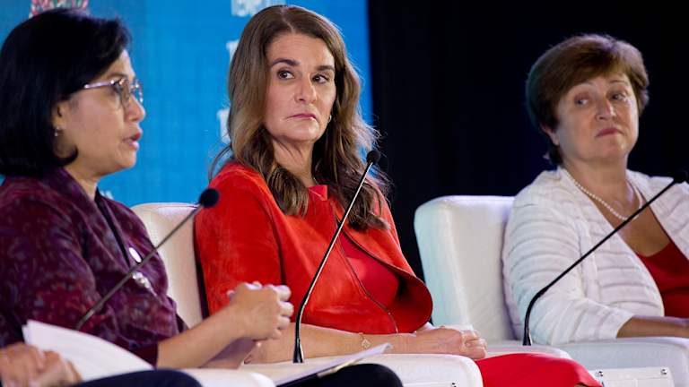 From left, Indonesia's Finance Minister Sri Mulyani Indrawati, Co-Chair of the Bill and Melinda Gates Foundation Melinda Gates and Chief Executive Officer of the World Bank Kristalina Georgieva attend a seminar ahead of the annual meetings of the IMF and World Bank in Bali, Indonesia last week.