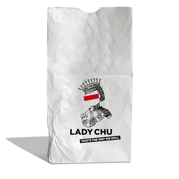 Lady Chu branding, which features the outline of her visa photo, a red bar across her eyes and Joan of Arc-style armour.
