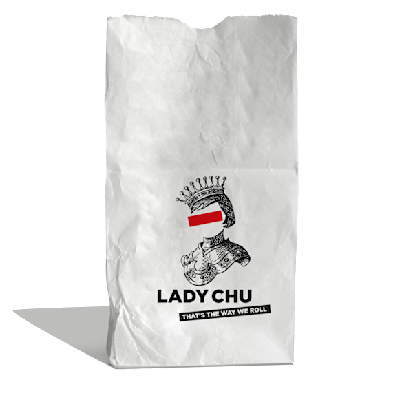 Lady Chu branding, which features the outline of her visa photo, a red bar across her eyes and Joan of Arc-style armour.