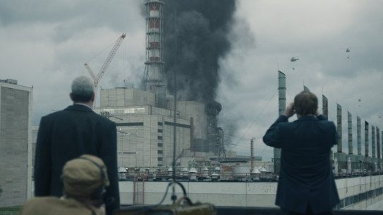 Radioactive dust spews into the sky after a catastrophic accident in the HBO mini-series Chernobyl.