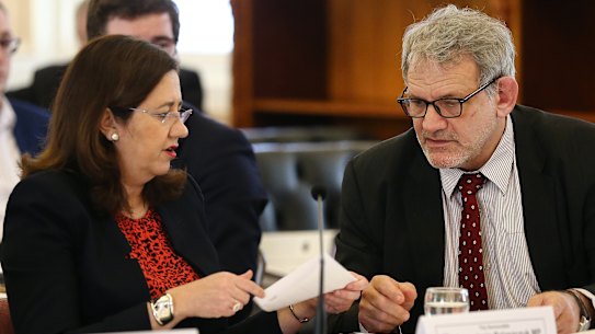 Premier Annastacia Palaszczuk with her chief of staff David Barbagallo during estimate hearings on July 23. 