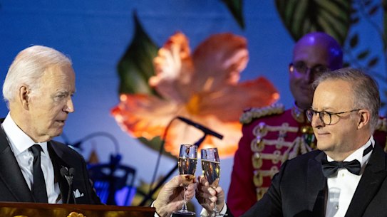 President of the United States Joe Biden and Prime Minister Anthony Albanese during a state dinner hosted by President of the United States Joe Biden and First Lady Dr Jill Biden at the White House, during Prime Minister Anthony Albanese’s state visit to the United States of America, in Washington DC on Wednesday.