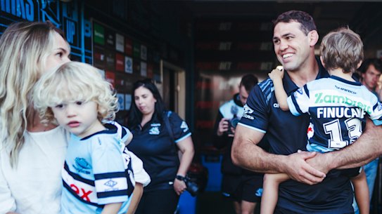 Sharks co-captain Dale Finucane with partner Madelyn Kennedy and children Tommy 2 and Freddy 4 announces he’s retiring from NRL football due to concussions at 32