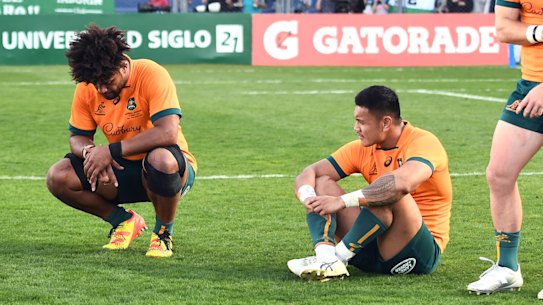 The Wallabies react after losing to Argentina by a record margin.