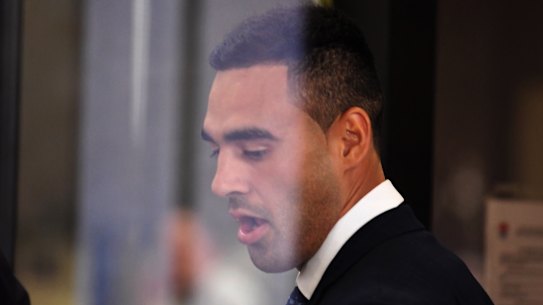 Penrith player Tyrone May arrives at Parramatta Local Court on Friday.