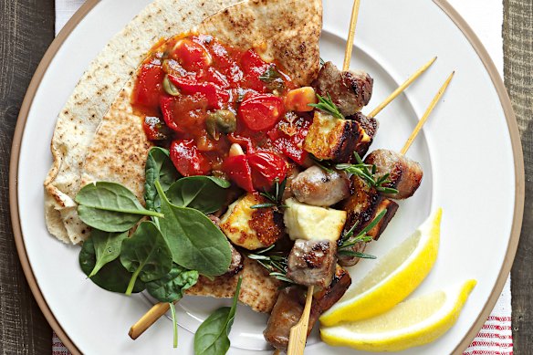 Lamb with halloumi and fast tomato sugo.