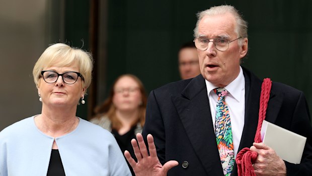 Linda Reynolds with lawyer Martin Bennett outside the Perth Supreme Court in August after the decision in her defamation case against Brittany Higgins and her husband David Sharaz was handed down.