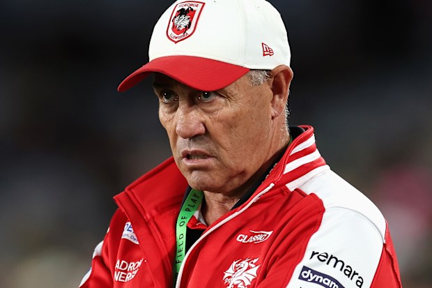 Dragons coach Shane Flanagan looks on during the round seven NRL match between South Sydney Rabbitohs and St George Illawarra Dragons at Accor Stadium, on April 18, 2026, in Sydney, Australia. (Photo by Cameron Spencer/Getty Images)