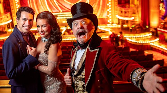 Des Flanagan (Christian), Alinta Chidzey (Satine) and Simon Burke (Harold Zidler) at the Regent Theatre.