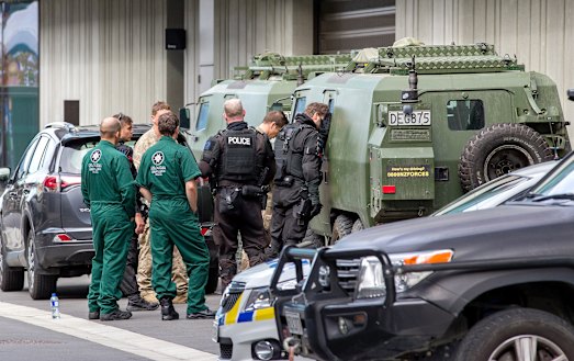 Police are seen at the Christchurch District Court precinct for the arrival of gunman Brenton Tarrant on charges of murder following the mass shootings at the Masjid Al Noor mosque, in Christchurch, New Zealand.