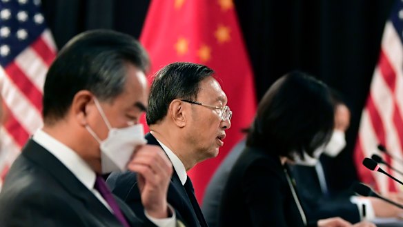 Chinese Communist Party foreign affairs chief Yang Jiechi, center, and China’s State Councilor Wang Yi in Anchorage. 