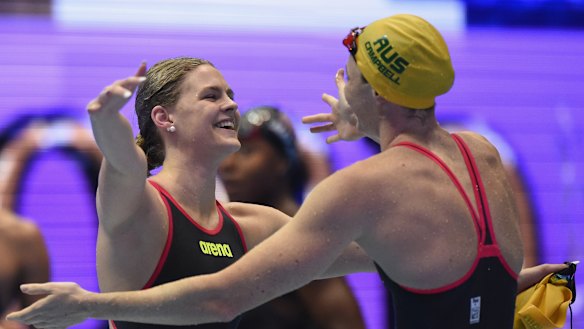 Shayna Jack (left) celebrating victory with Cate Campbell at last year's Pan Pacs.