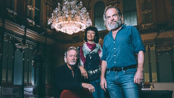 Bryan Brown, Rachel Ward and Hugo Weaving at the launch of the program for next month's Sydney Film Festival at Sydney Town Hall. 