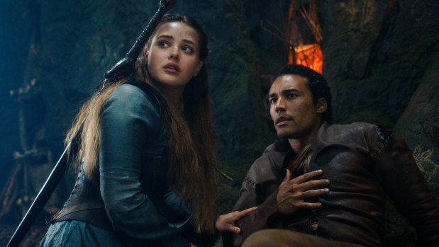 Katherine Langford as Nimue and Devon Terrell as Arthur in Cursed.