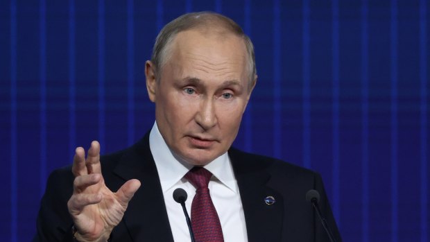 Russian President Vladimir Putin gives a speech on foreign policy last month in Moscow.
