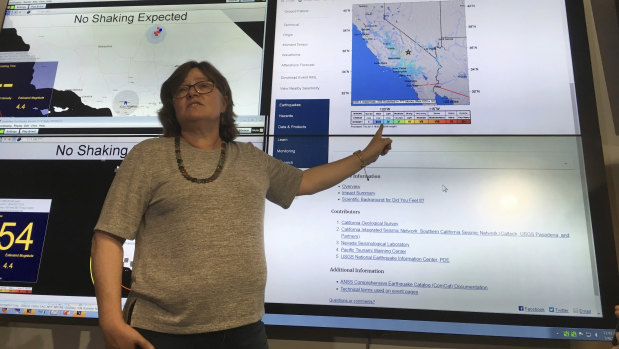 Seismologist Lucy Jones talks during a news conference at the Caltech Seismological Laboratory in Pasadena, California.