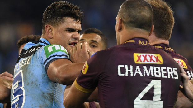 Centre stage: Latrell Mitchell and Will Chambers had a running battle in Origin this year.