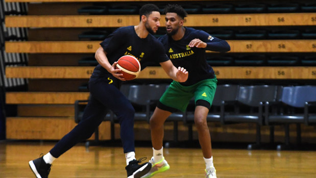 Ben Simmons (left) and Jonah Bolden in action at Boomers training this week.