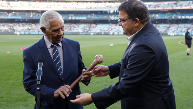 A presentation made to Syd Jackson by Blues president Mark LoGiudice earlier in the season. 