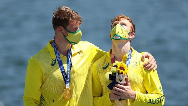 Thomas Green (left) and Jean van der Westhuyzen celebrate their Olympic gold medal.