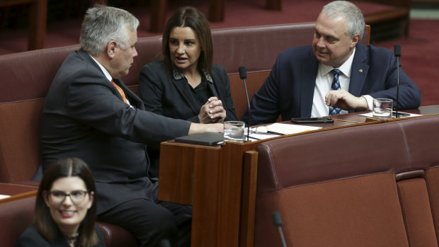 Centre Alliance senators Rex Patrick and Stirling Griff with Tasmanian independent senator Jacqui Lambie during the opening of Parliament on  Tuesday.