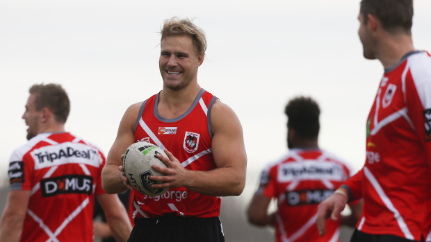 No game time: De Belin trains with the Dragons at WIN Stadium.