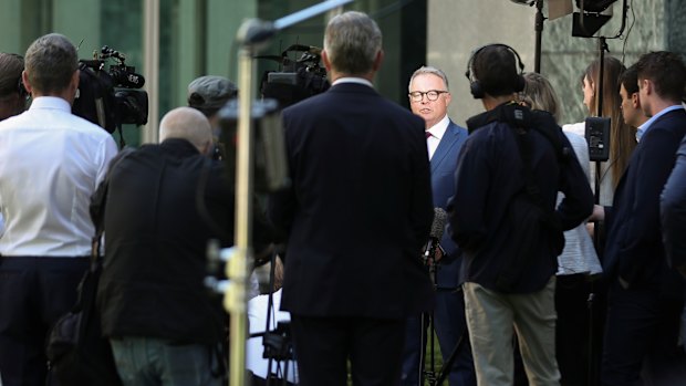 Among the throng: Fitzgibbon after announcing his decision to leave the frontbench.