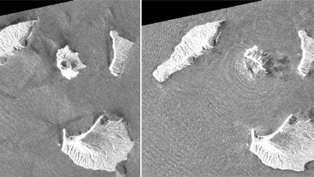 A combination of synthetic aperture radar images shows Indonesia's Anak Krakatoa volcano, centre in images, before and after the December 22 eruption. 