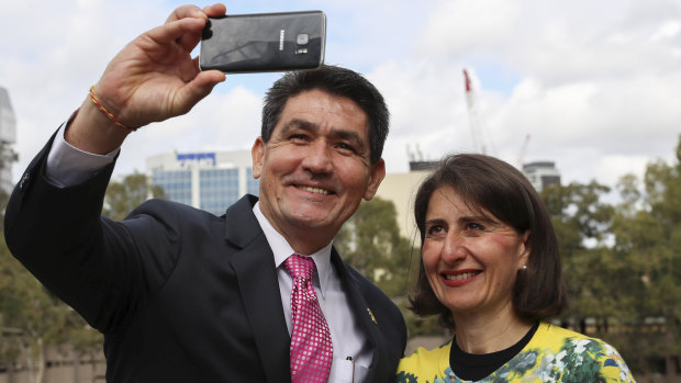The Member for Parramatta, Geoff Lee, takes a selfie with Premier Gladys Berejiklian.