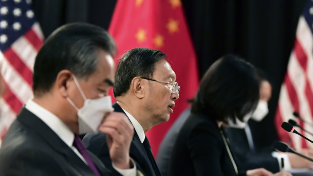 Chinese Communist Party foreign affairs chief Yang Jiechi (centre) in Anchorage, Alaska, last week facing off against America. 