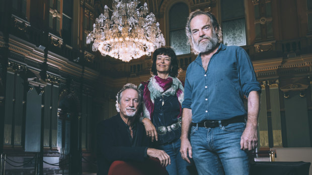 Bryan Brown, Rachel Ward and Hugo Weaving at the launch of the program for next month's Sydney Film Festival at Sydney Town Hall. 