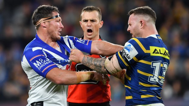 Firebrand: The Bulldogs take issue with Nathan Brown after the shoulder charge that later cost him two matches.