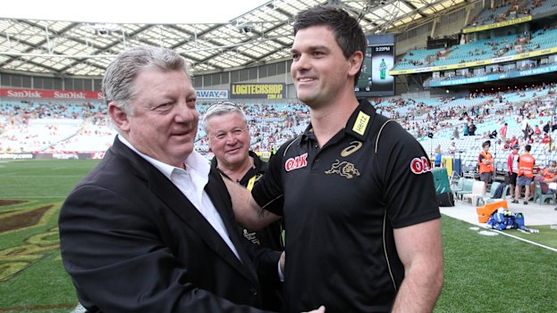 Phil Gould and Cameron Ciraldo after the Panthers won the under 20’s grand final in 2015.