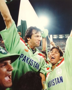 Like a tiger: Imran Khan, centre, celebrates with teammates after winning the 1992 World Cup.
