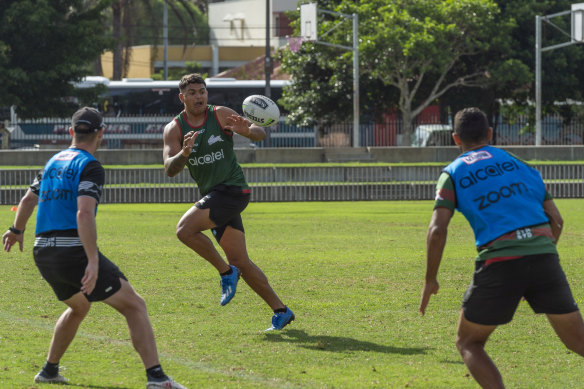 A slimmer Latrell Mitchell is relishing training in his new position with Souths.