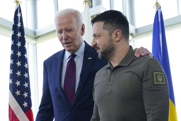 President Joe Biden with Ukrainian President Volodymyr Zelensky at the G7 summit in Hiroshima.