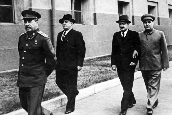 Joseph Stalin with Soviet leaders (from second from left) Lavrentiy Beria, Anastas Mikoyan and Georgy Malenkov at the Kremlin in 1944.