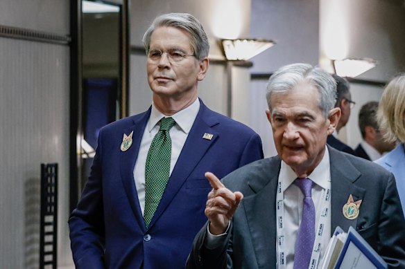 US Treasury Secretary Scott Bessent (left) is touted as a possible successor for Fed chair Jerome Powell (right).