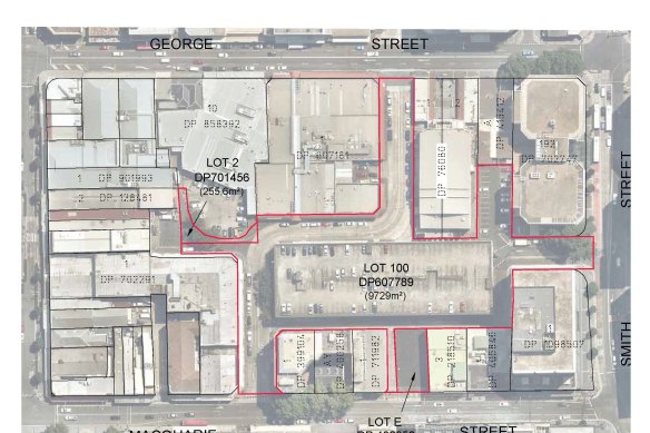 An aerial map of the irregularly shaped land compulsorily acquired by Sydney Metro for the Parramatta metro station.